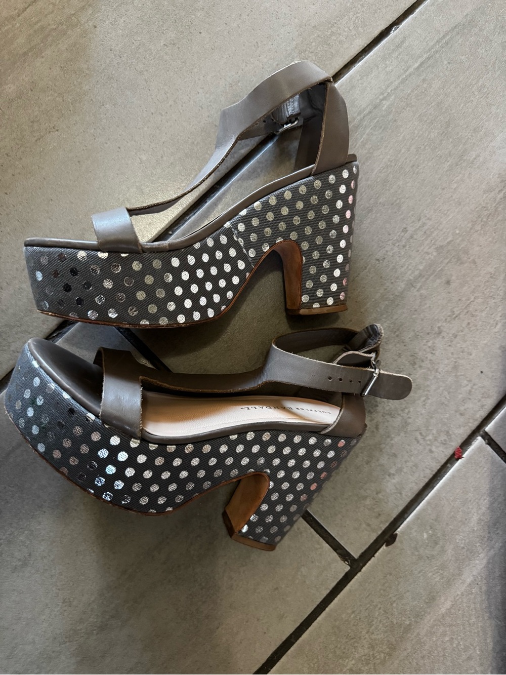 Loeffler Randall Gray Platform Sandal with Silver Polka Dots